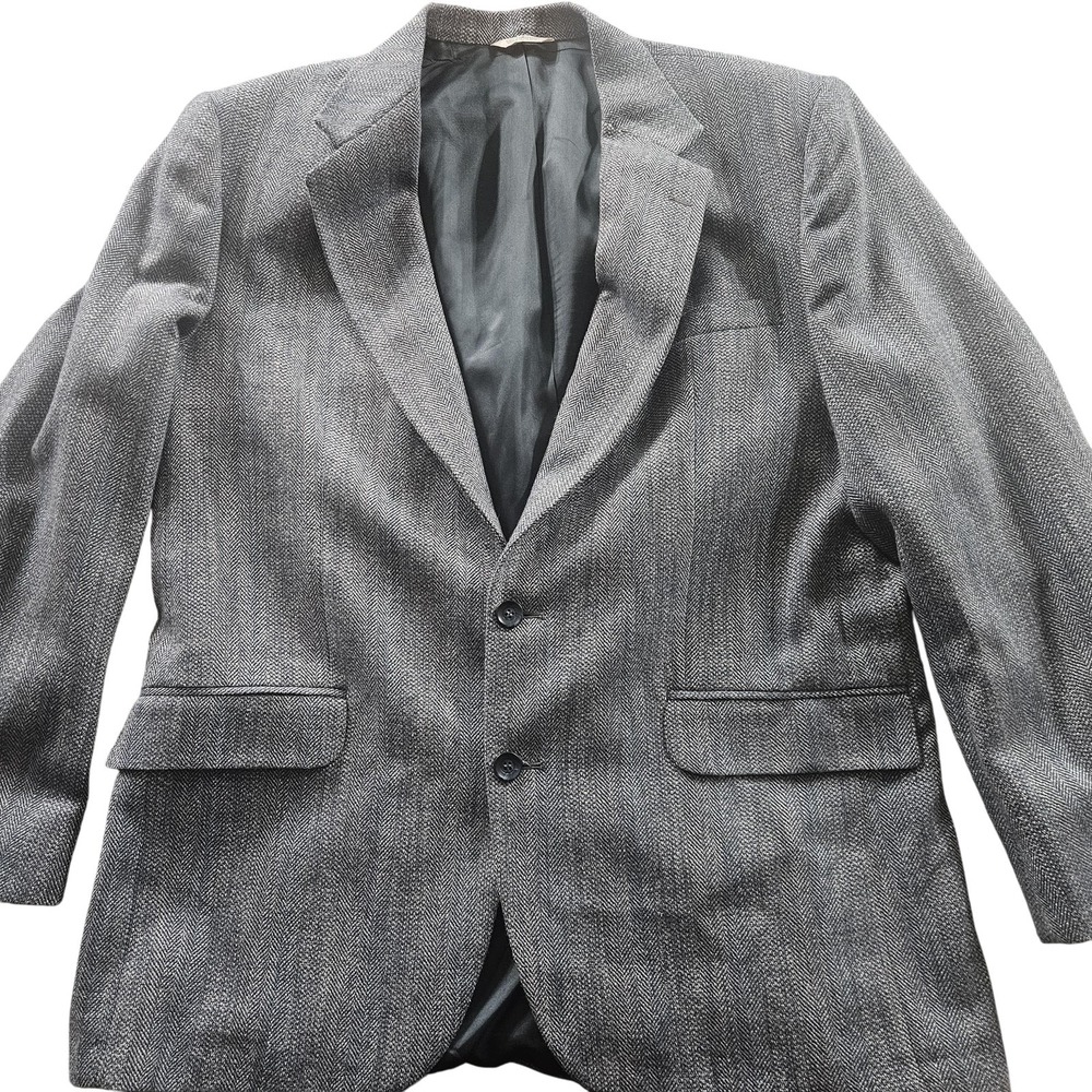 Savile Row Bon Marche Blazer‎ Mens 44L Gray Herringbone Sport Coat Made in USA